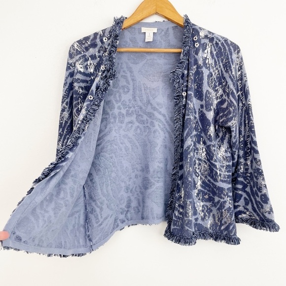 Chico’s Blue Linen Foiled Animal Frankie Fringe Open Front Cardigan Size M - Picture 4 of 16